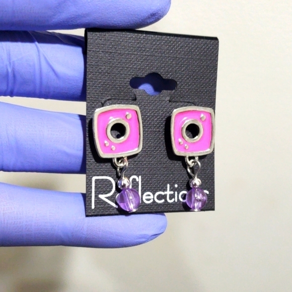 Women's Pink Silver-tone  Square Design & Purple Bead Drop Dangle Earrings - Picture 1 of 5